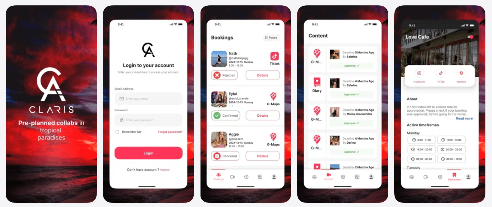 Claris Venue app showing login, booking requests, and content approval tracking