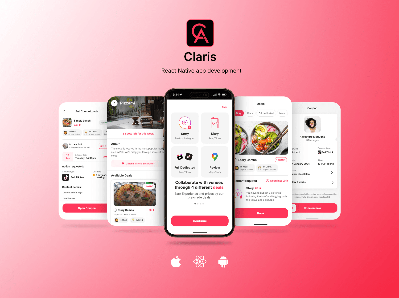 Claris app showcase with venue deals, story combos, and booking schedule screens