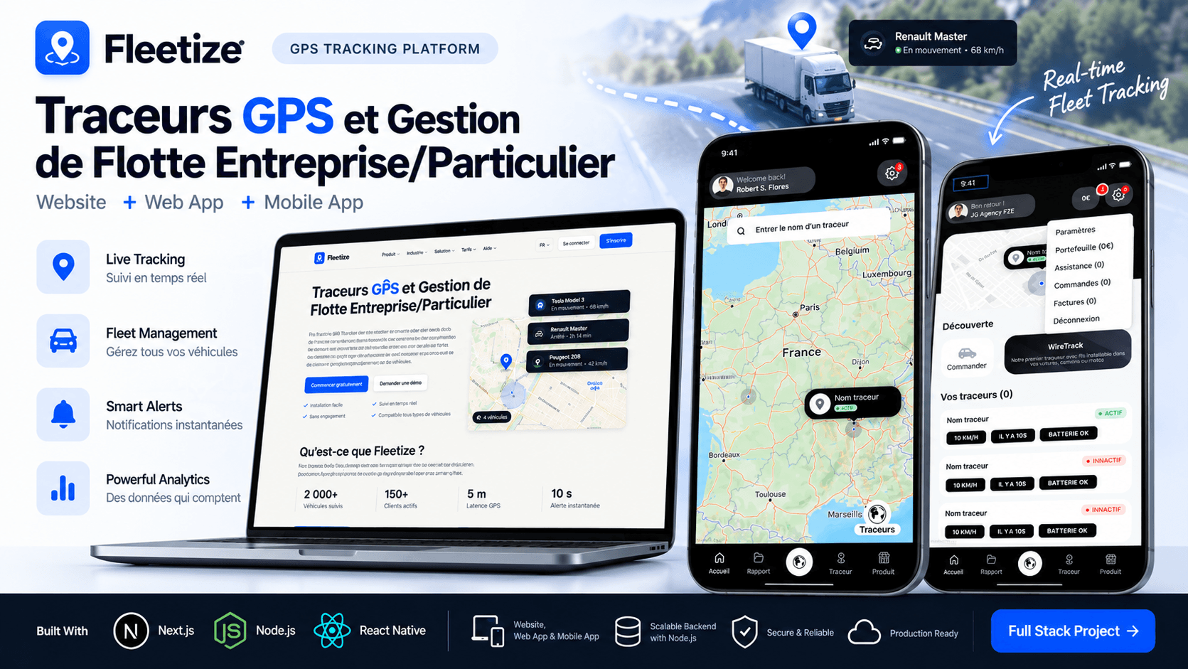 Fleetlize web dashboard showing live tracker status, alerts, and quick actions