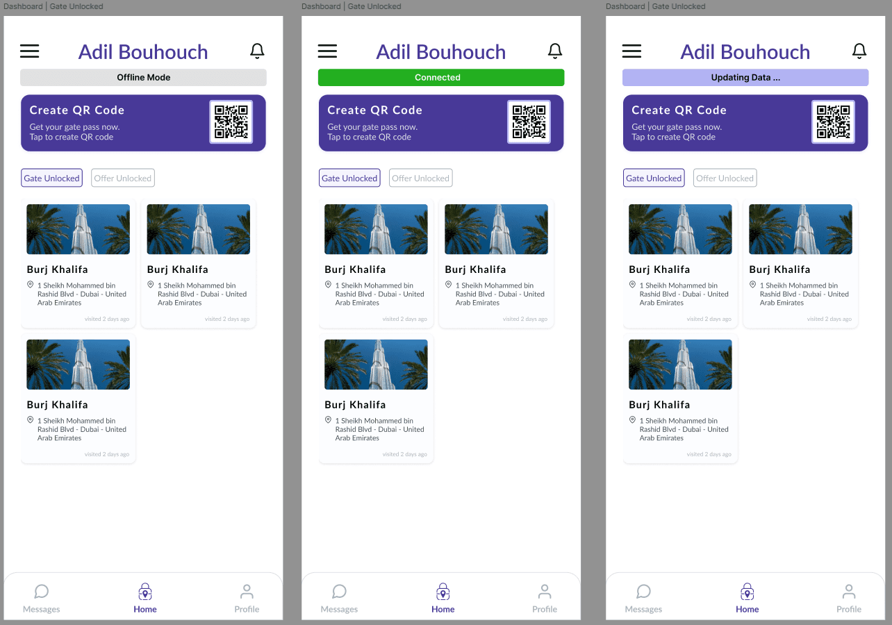 MyGatePass guard app showing offline, connected, and syncing states