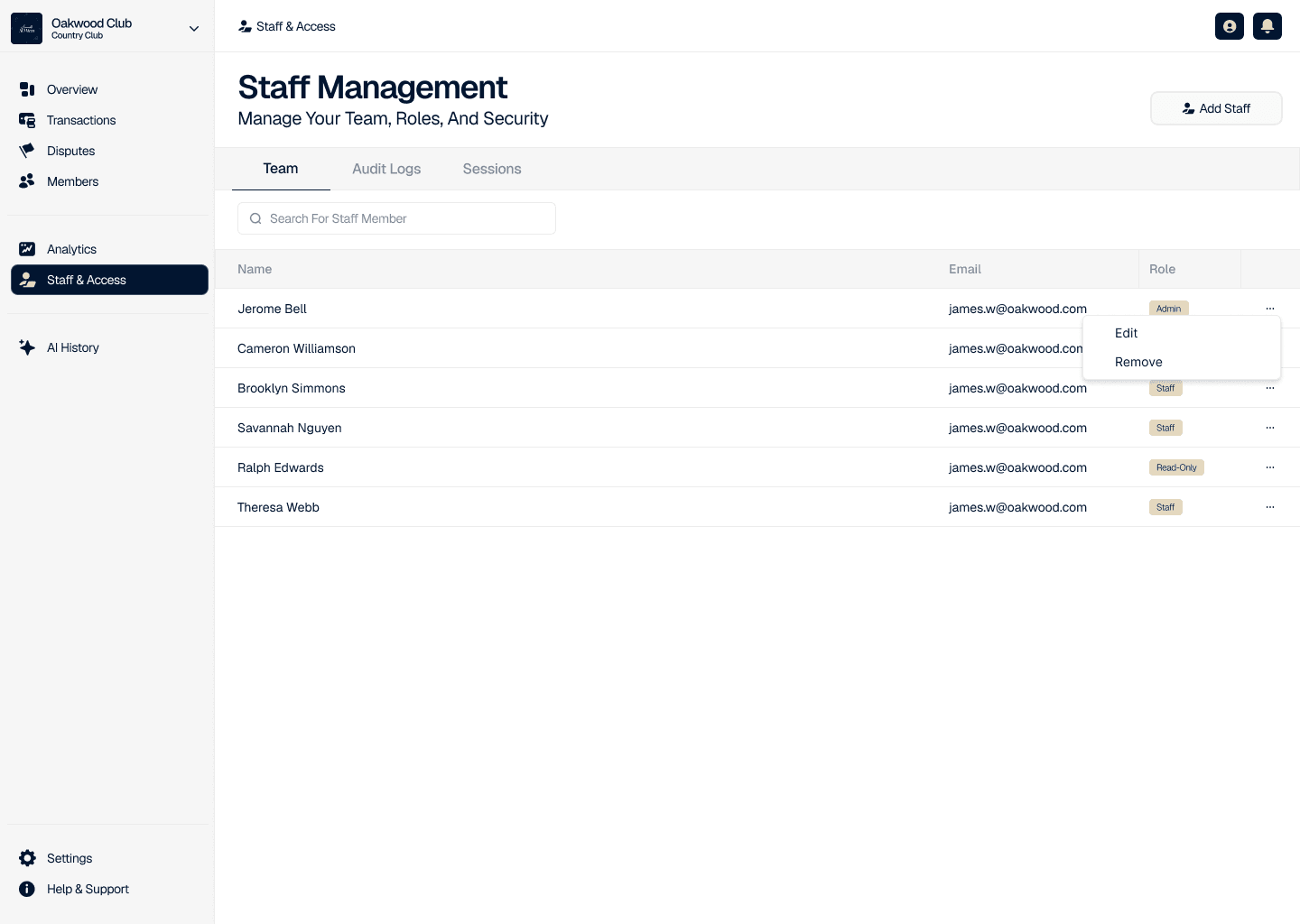 Staff management list with role-based access